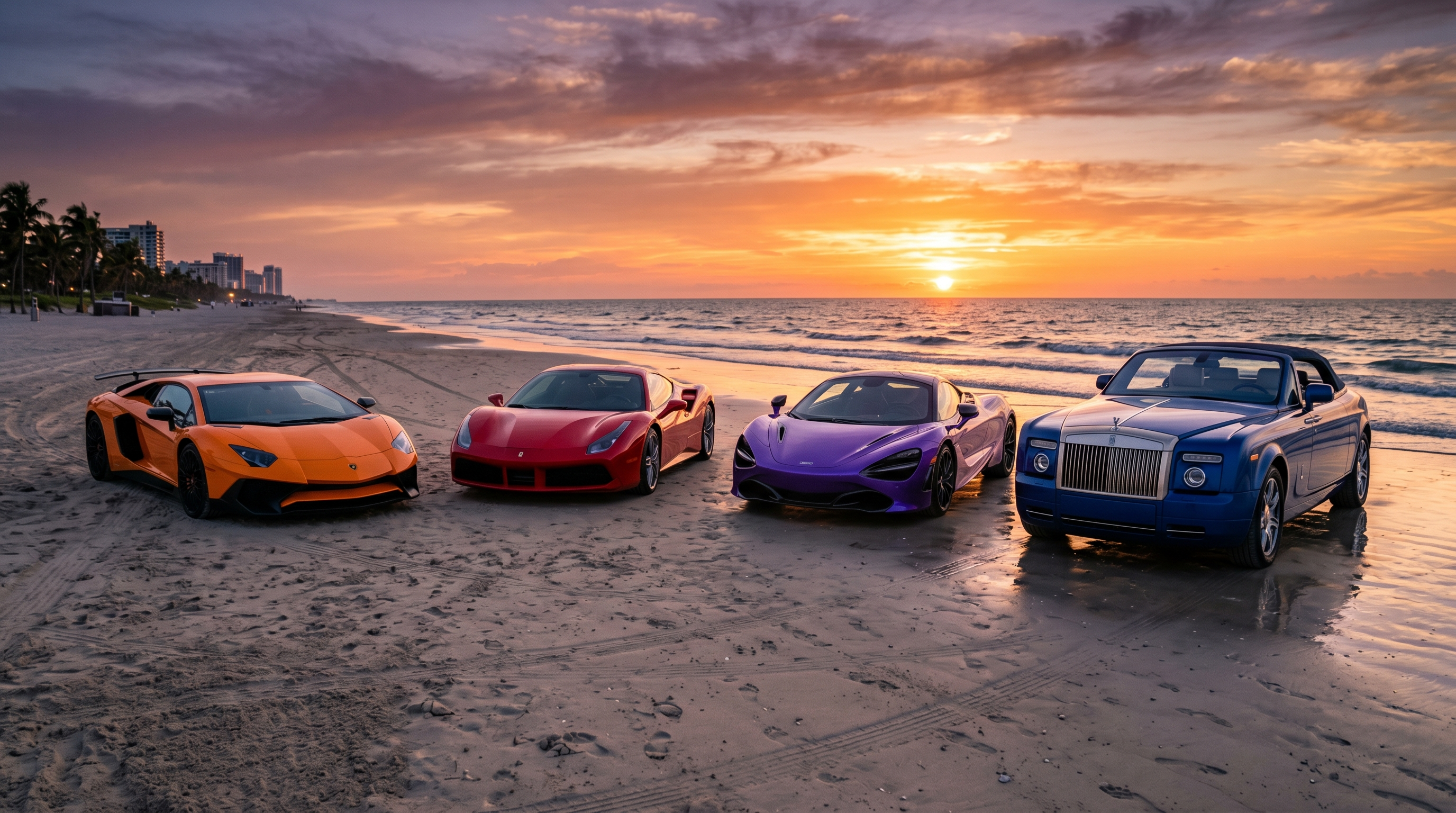 Fleet of exotic and luxury cars lined up on Miami Beach oceanfront — Lamborghini, Ferrari, McLaren, Rolls-Royce side by side at sunset