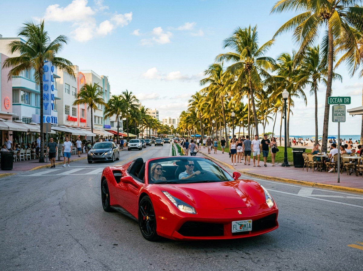 2019 Ferrari 488 Spider red convertible open top on Miami Beach Ocean Drive with palm trees