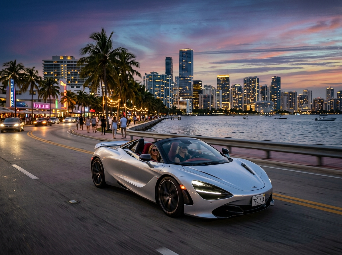 2021 McLaren 720S Spider convertible silver on Miami Beach waterfront at dusk