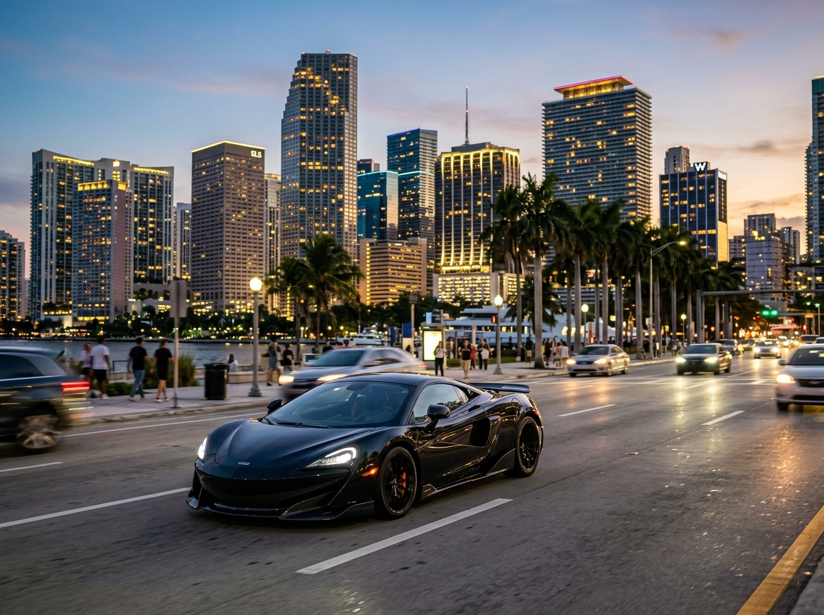 2022 McLaren 600LT black supercar on Brickell Avenue Miami downtown skyline backdrop