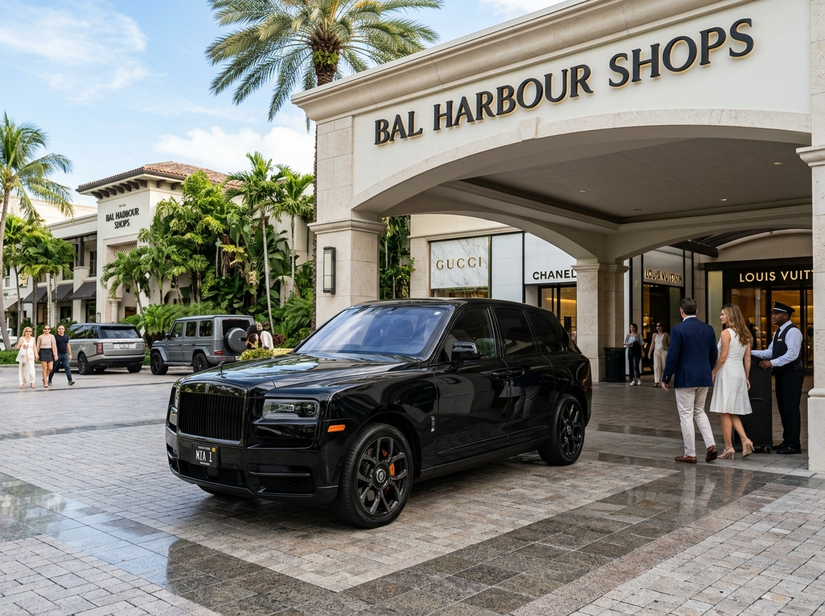 2022 Rolls-Royce Cullinan Black Badge black luxury SUV at Bal Harbour Shops Miami entrance