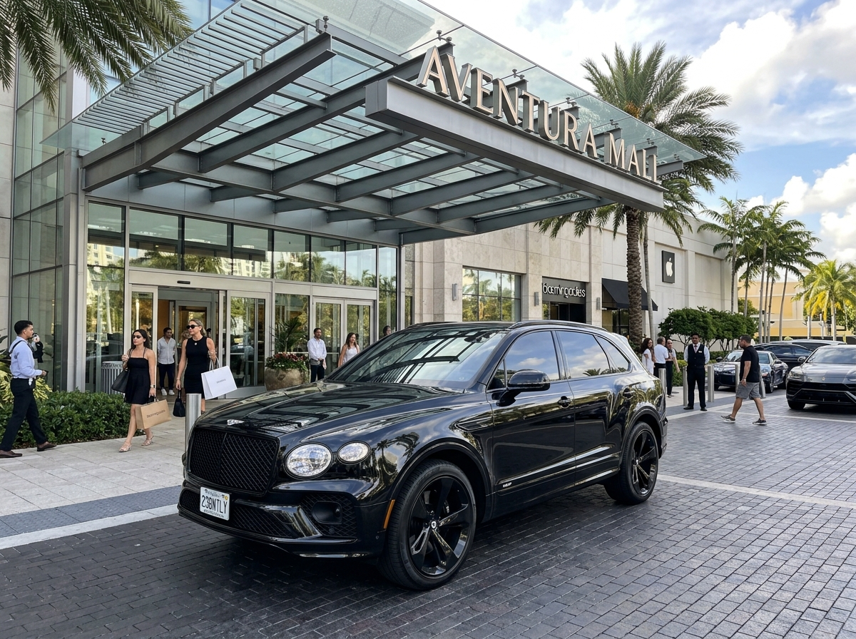 2023 Bentley Bentayga black luxury SUV in front of Aventura Mall Miami entrance