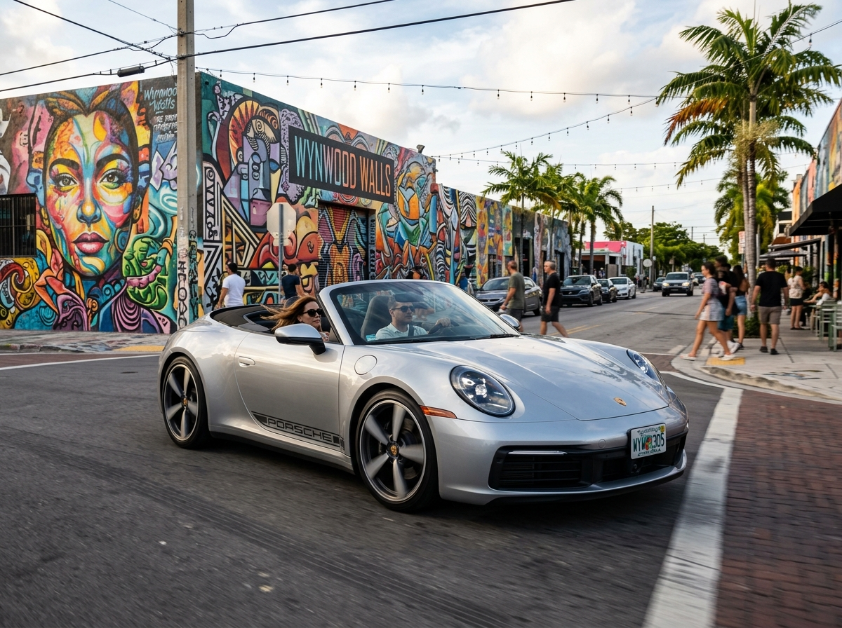 2026 Porsche 911 Carrera S silver convertible at Miami Wynwood Walls street art district