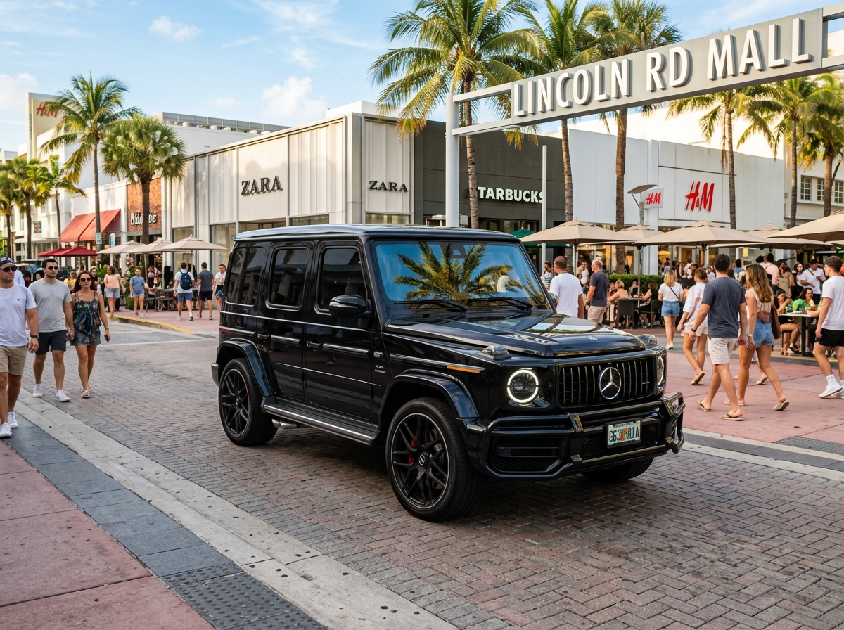 2024 Mercedes-Benz G63 AMG black G-Wagon on Miami Beach Lincoln Road weekend cruising