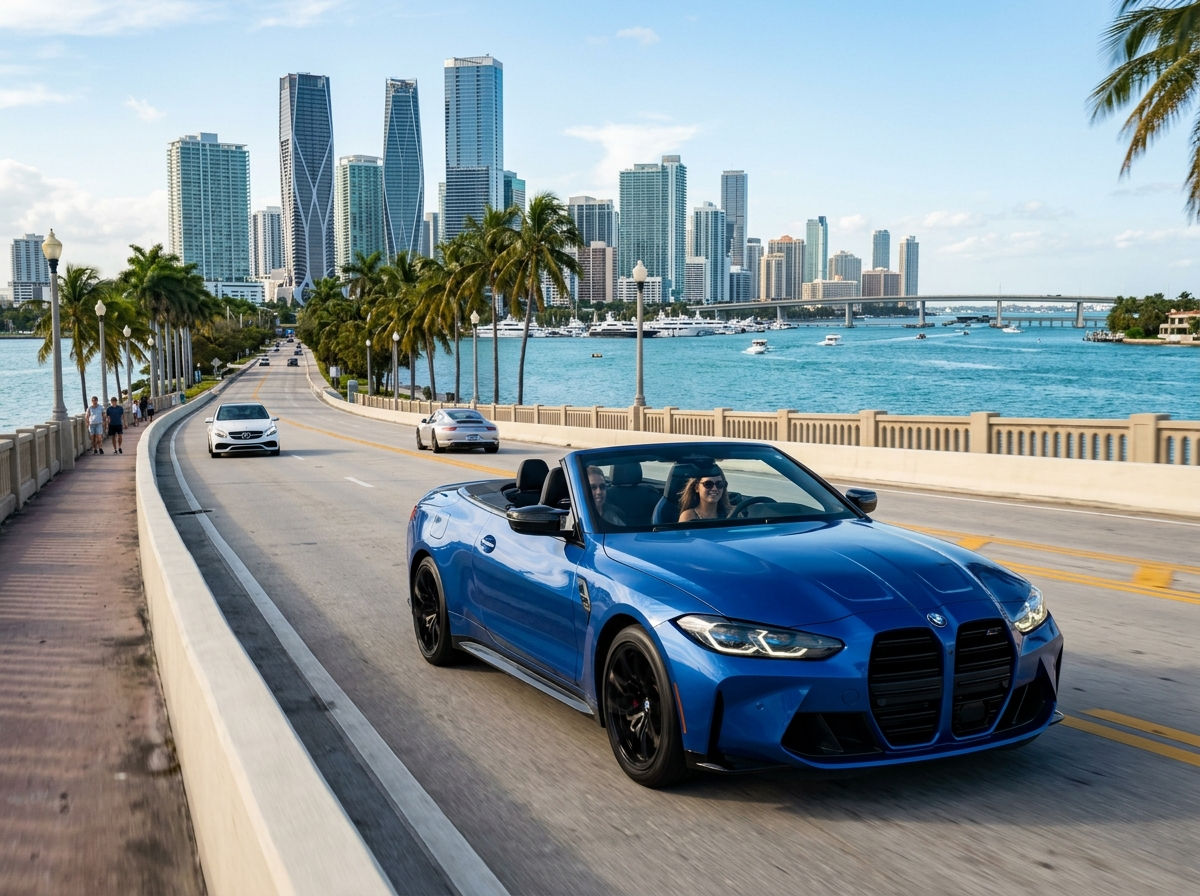 2024 BMW M4 Competition Convertible blue open top on Venetian Causeway Miami waterfront