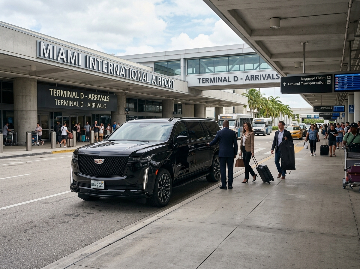 2025 Cadillac Escalade ESV black extended SUV at Miami International Airport terminal arrival
