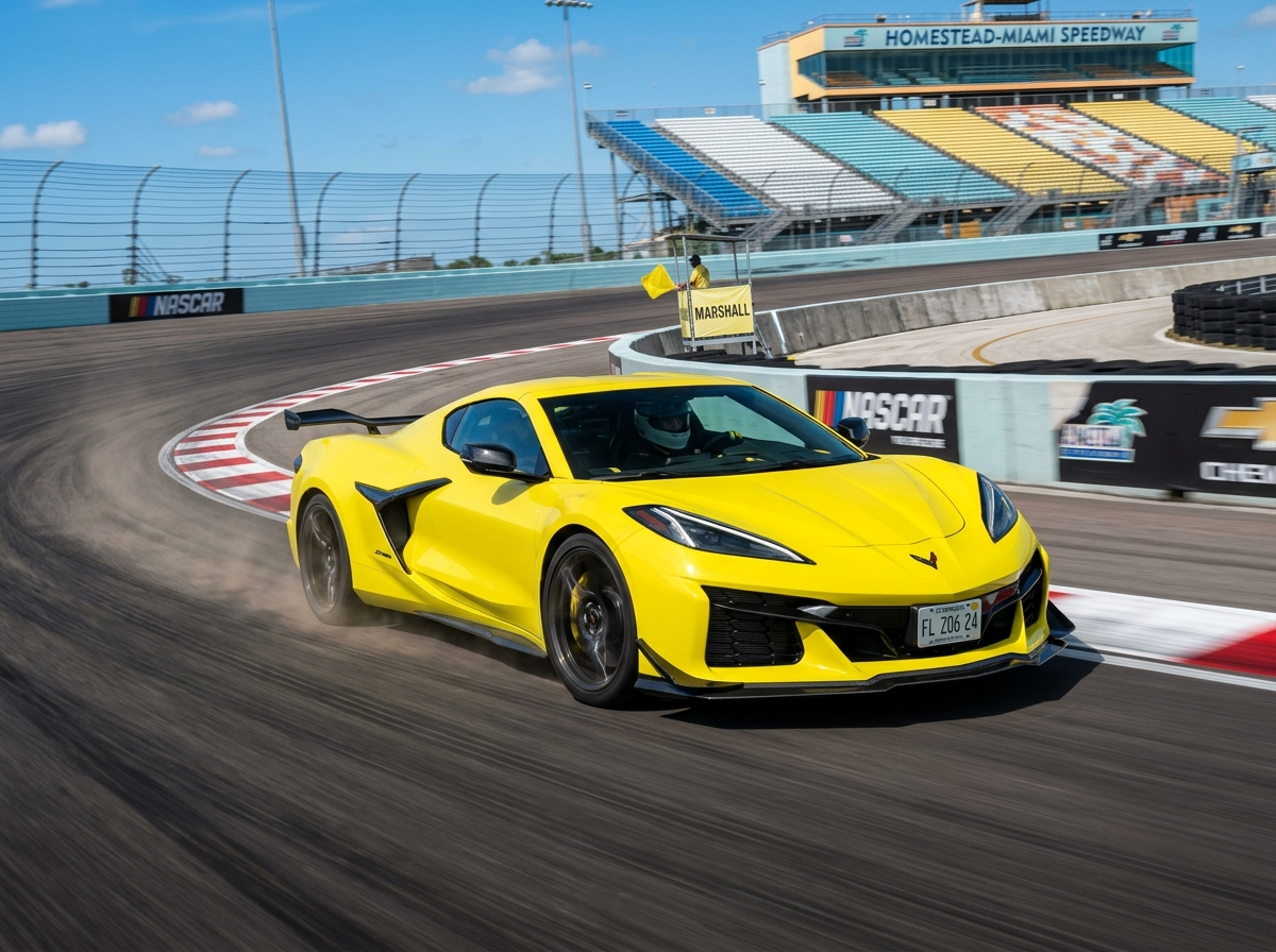2024 Chevrolet Corvette Z06 yellow supercar on Miami Homestead Motor Speedway track