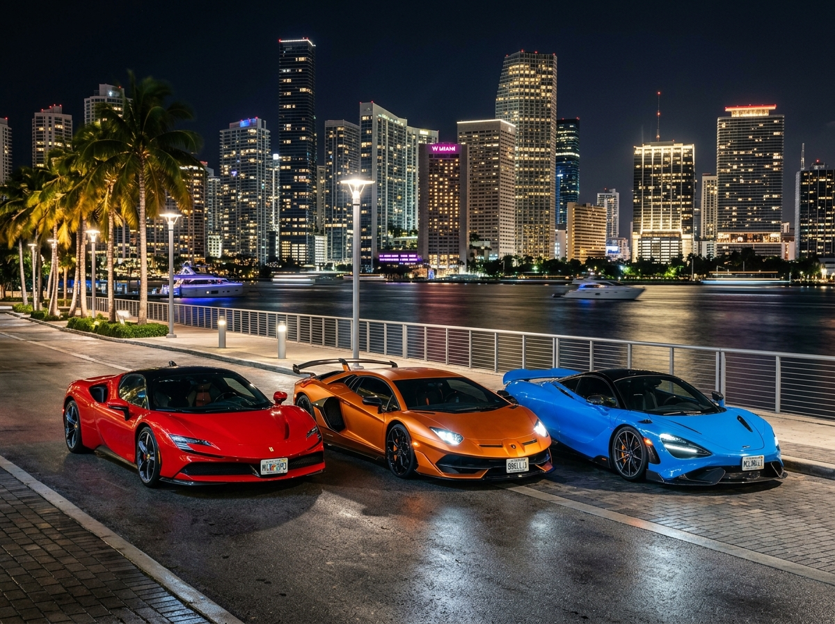 Row of exotic supercars Lamborghini Ferrari McLaren on Miami Brickell waterfront at night with city lights
